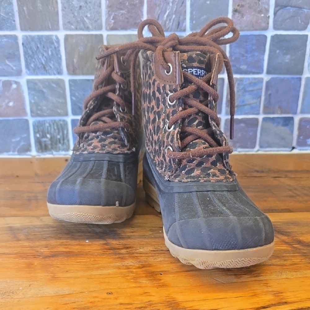Girls Sperry Leopard Print Duck Boots